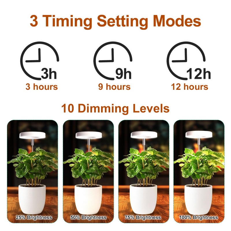 Qicodu Grow Lights for Indoor Plants Small Potted - Full Spectrum, Auto 3/9/12H Timer, 10-Level Dimming & Adjustable Height - Compact Grow Light for Succulents, Herbs, Foliage in Home/Office (White,1PACK) - Image 4
