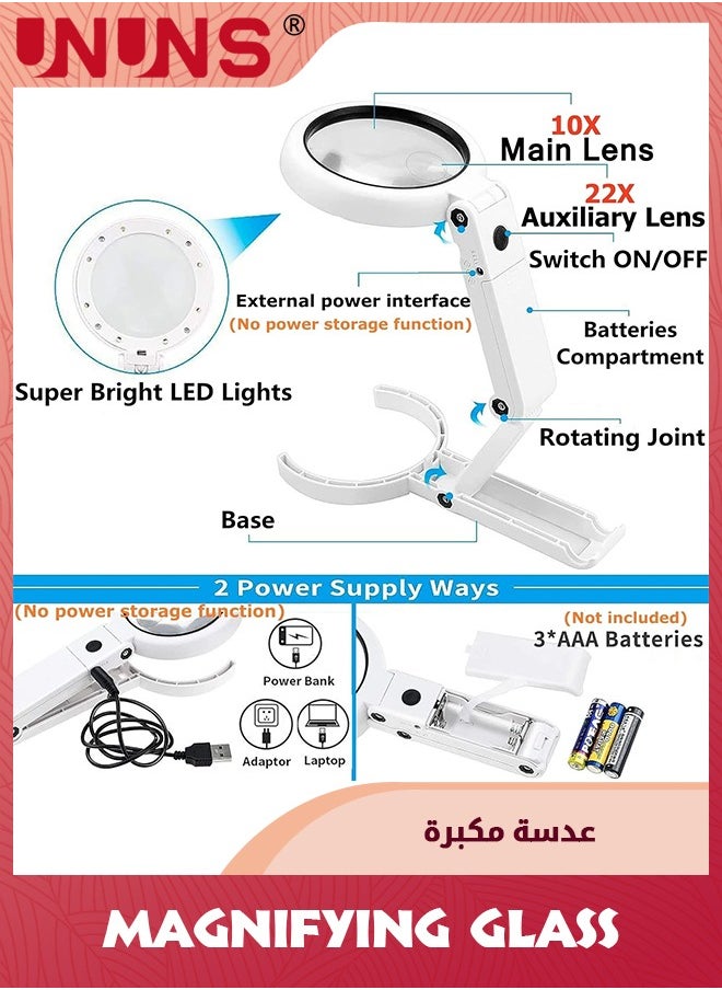 UNUNS - 10X 5X Magnifying Glass With Light And Stand,Foldable Handheld Magnifying Glass For Close Work,Macular Degeneration,Seniors Reading,Powered By Battery Or USB - Image 1