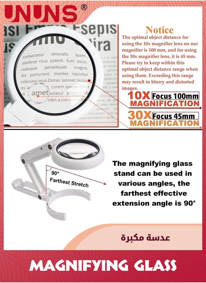 UNUNS - 10X 5X Magnifying Glass With Light And Stand,Foldable Handheld Magnifying Glass For Close Work,Macular Degeneration,Seniors Reading,Powered By Battery Or USB - Image 1