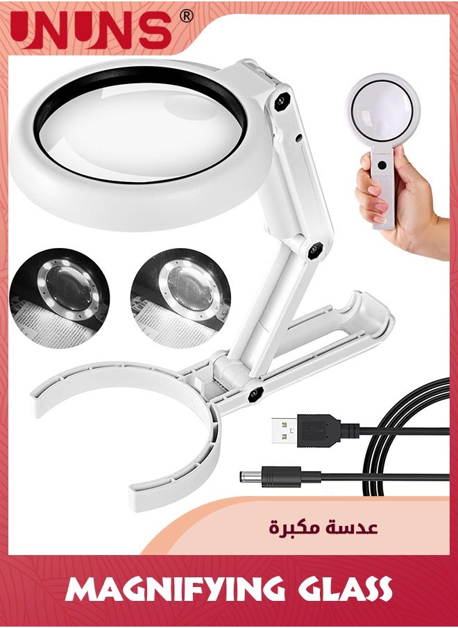UNUNS - 10X 5X Magnifying Glass With Light And Stand,Foldable Handheld Magnifying Glass For Close Work,Macular Degeneration,Seniors Reading,Powered By Battery Or USB - Image 1