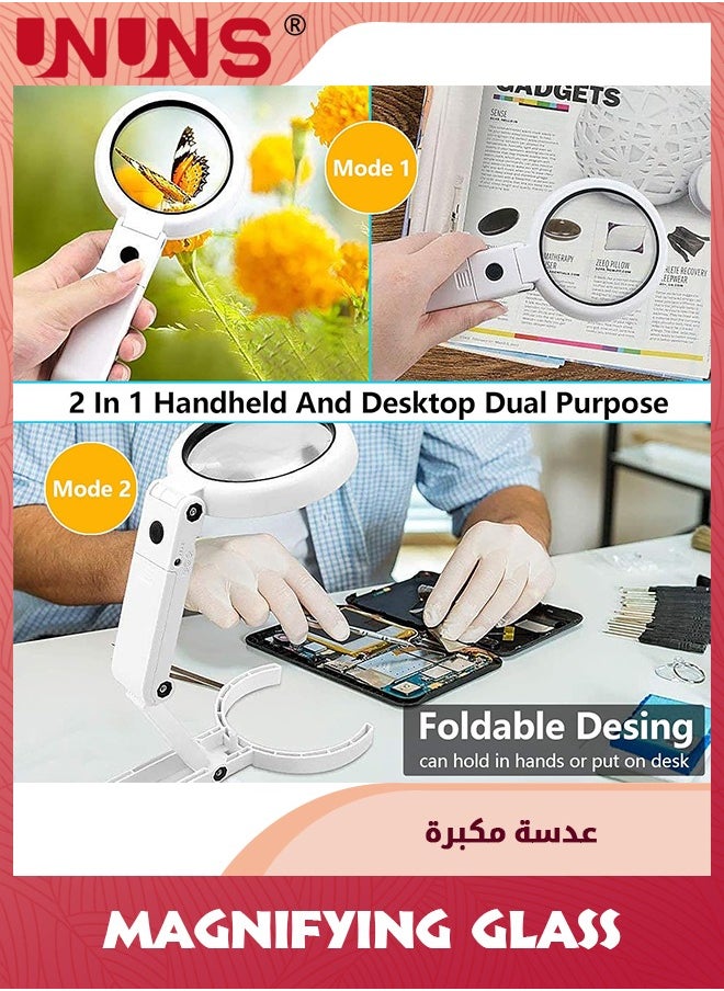 UNUNS - 10X 5X Magnifying Glass With Light And Stand,Foldable Handheld Magnifying Glass For Close Work,Macular Degeneration,Seniors Reading,Powered By Battery Or USB - Image 1
