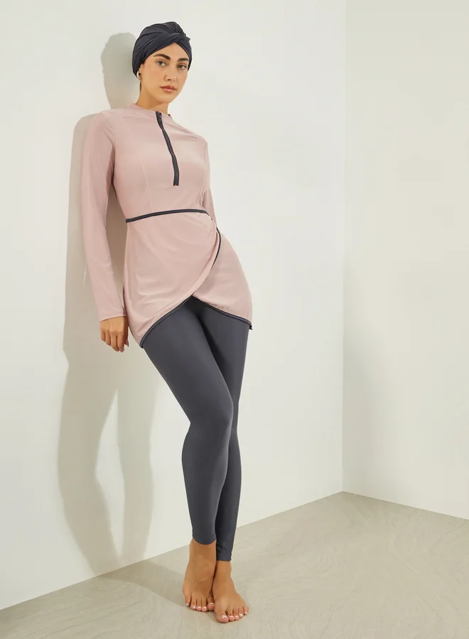 Styli Pink Pack of 3 - Solid Zip-Up Contrast Edge Wrap Tunic with Cap and Leggings Burkini Set for Women | Best Price UAE