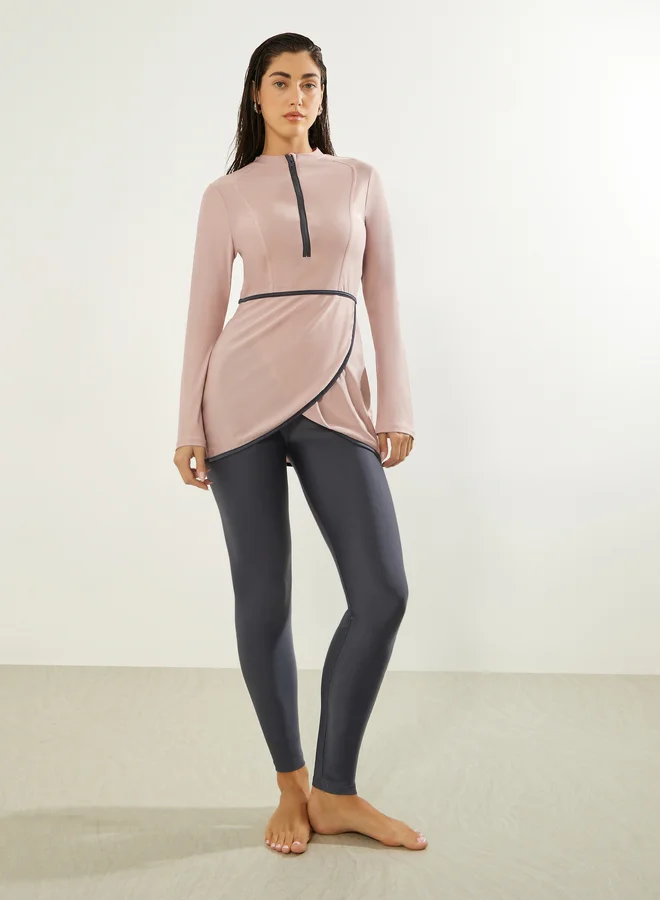 Styli Pack of 3 - Solid Zip-Up Contrast Edge Wrap Tunic with Cap and Leggings Burkini Set
