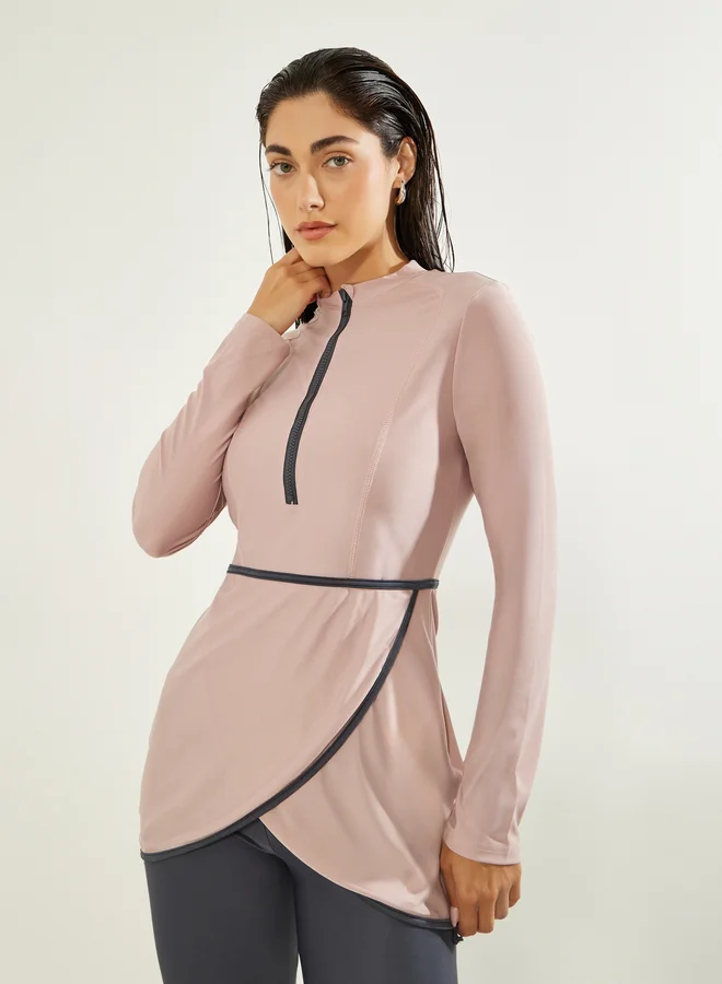 Styli Pink Pack of 3 - Solid Zip-Up Contrast Edge Wrap Tunic with Cap and Leggings Burkini Set for Women | Best Price UAE