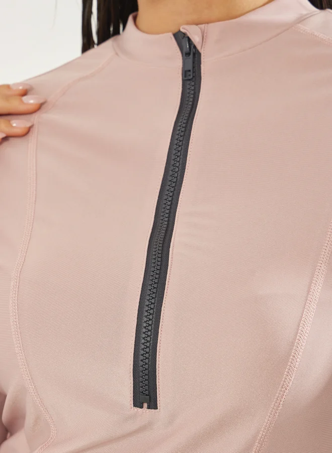 Styli Pink Pack of 3 - Solid Zip-Up Contrast Edge Wrap Tunic with Cap and Leggings Burkini Set for Women | Best Price UAE