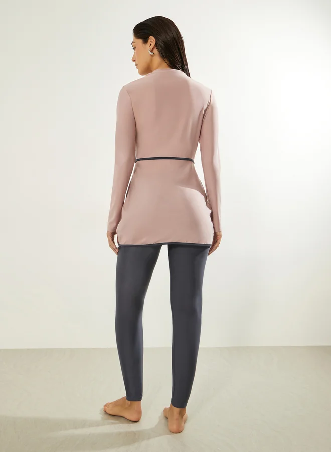 Styli Pink Pack of 3 - Solid Zip-Up Contrast Edge Wrap Tunic with Cap and Leggings Burkini Set for Women | Best Price UAE