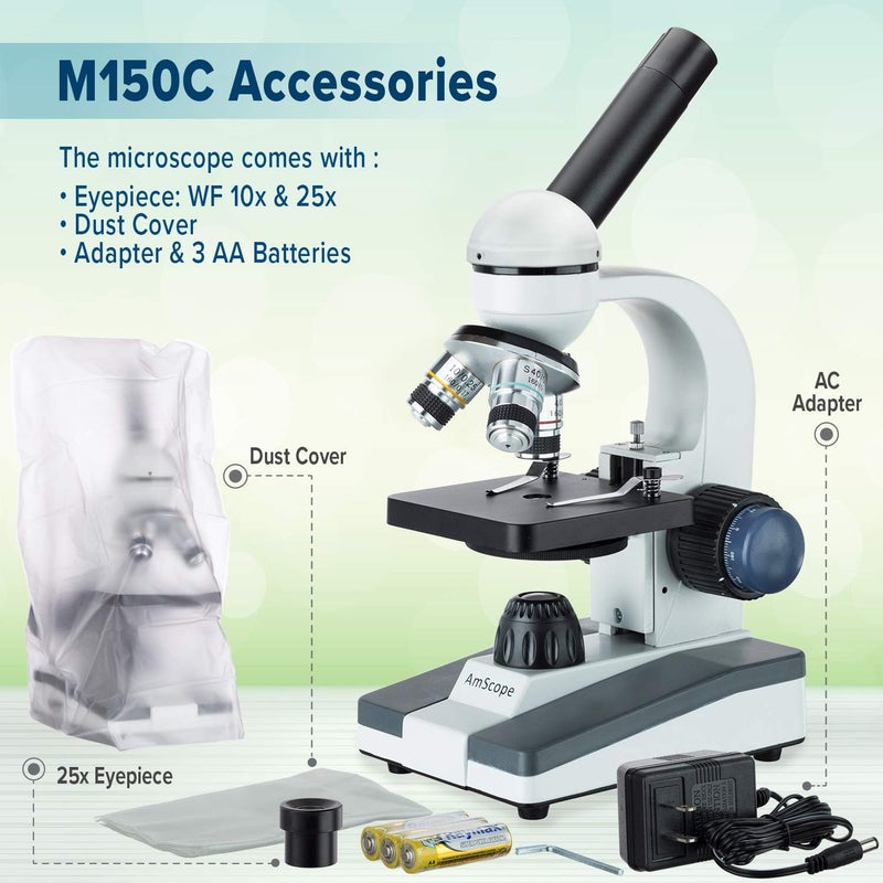 AmScope AmScope M150 Series Portable Student Monocular Compound Microscope  40X1000X Magnification  Features LED Light  25 Prepared Slides  Has Coarse  Fine Focus  - Image 3