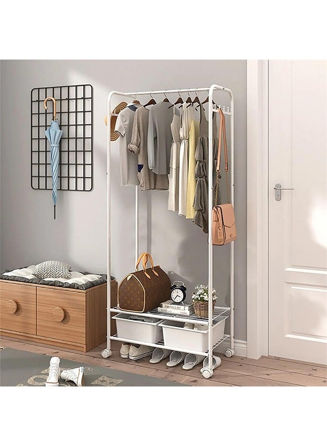الشلالات رف ملابس معدني على عجلات حامل شماعات ملابس مع عجلات رف ملابس دوار مع أرفف تخزين من طبقتين، شماعة ملابس معدنية بيضاء حامل ملابس رف ملابس لغرفة النوم وغرفة المعيشة - Image 2