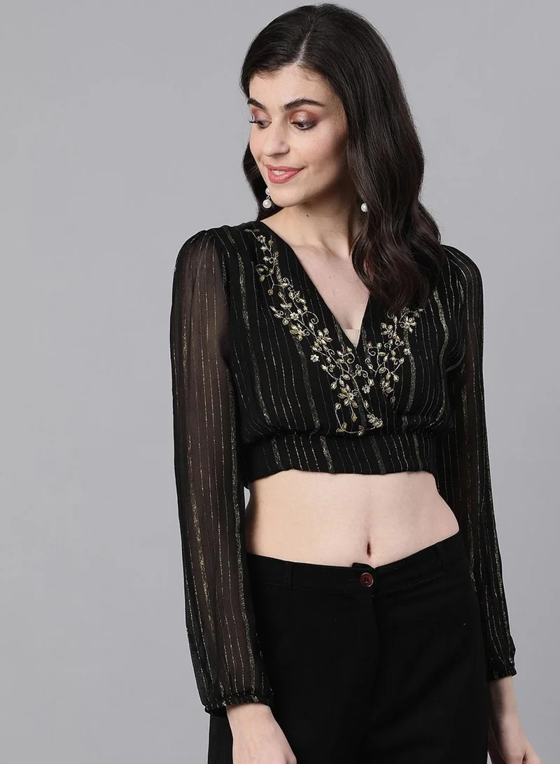 Ishin Women Black Self Design Fitted Top