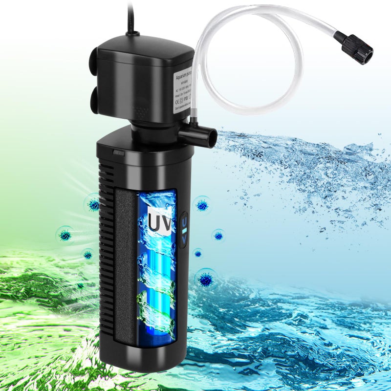 TARARIUM Aquarium Filter U-V for 20-75 Gallon, 200GPH Fish Tank Filter w/ 5W U-V Light Green Clean Machine Submersible Powerful Pump Internal Filter for Turtle Tank Saltwater Freshwater Crystal Clear - Image 1