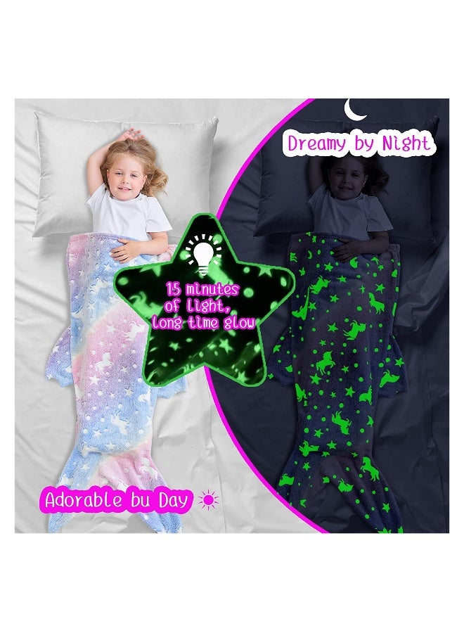 SYOSI Mermaid Tail Blanket, Glow in The Dark, Super Soft Plush Flannel Sleeping Bag, Star and Unicorn Design Snuggle Blanket, for Girls Age 1-10 - Image 5