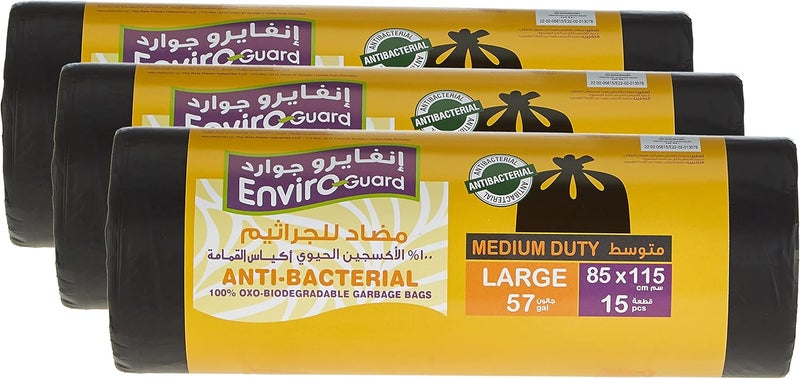 Enviro Guard أكياس قمامة إنفايروجارد الثقيلة 15 قطعة، حجم كبير 57 جالون، أسود رول 85x115 سم (عبوة من 3) - Image 1