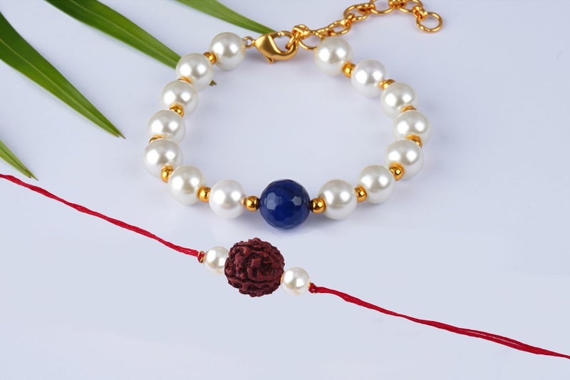 JFL-Jewellery for Less Handmade Rakhi for Brother Combo Couple Pair Rudraksha Rakhi & Onyx Pearl Bracelet Set for Bhaiya Latest Rakhi with Roli Chawal and Hand Written Card - Image 2