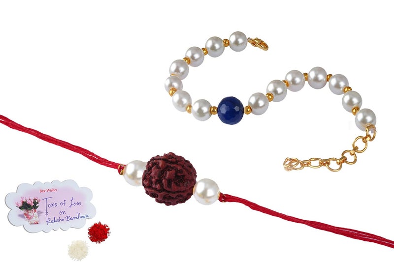 JFL-Jewellery for Less Handmade Rakhi for Brother Combo Couple Pair Rudraksha Rakhi & Onyx Pearl Bracelet Set for Bhaiya Latest Rakhi with Roli Chawal and Hand Written Card - Image 1