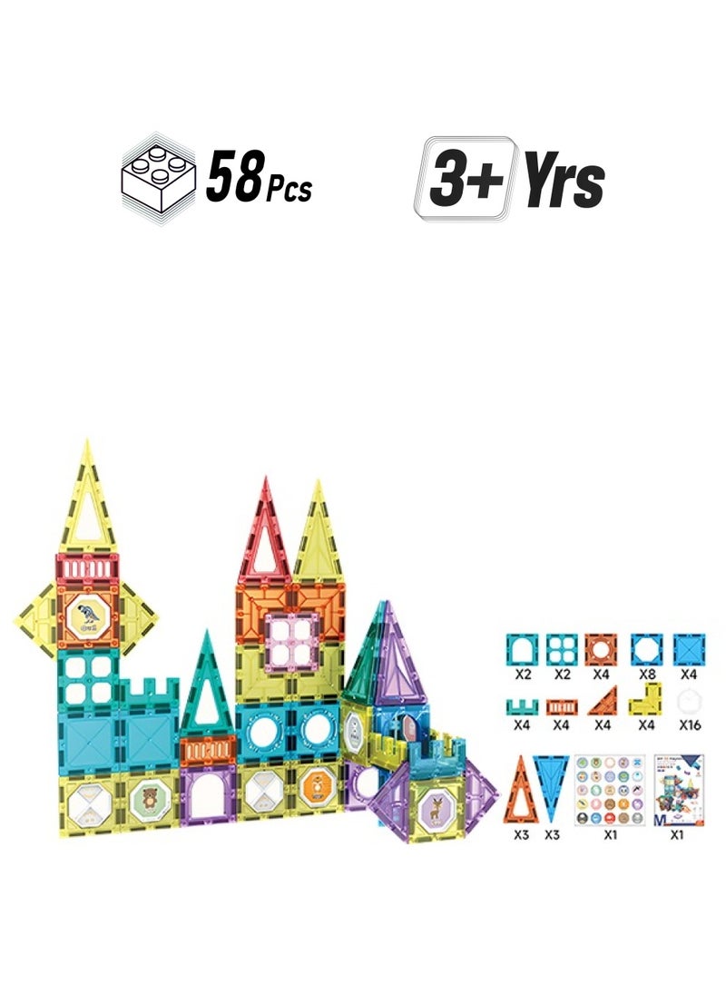 58pcs Magnetic Building Blocks with Stickers, Multi-Shaped Magnetic Building Tiles, Smooth Edges to Prevent Scratches  - Image 1