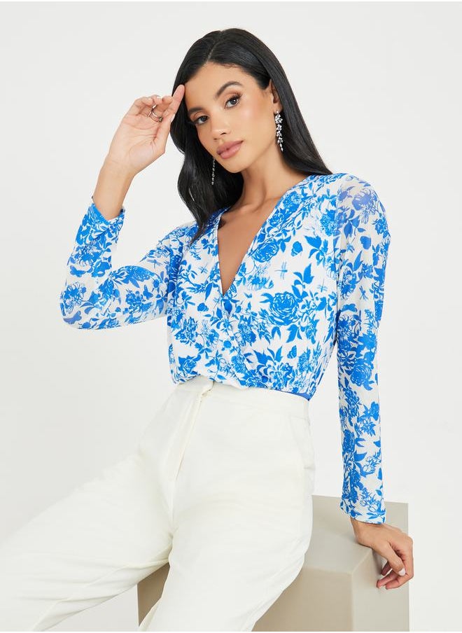 Styli - Floral Print V Neck Wrap Style Bodysuit - Image 1