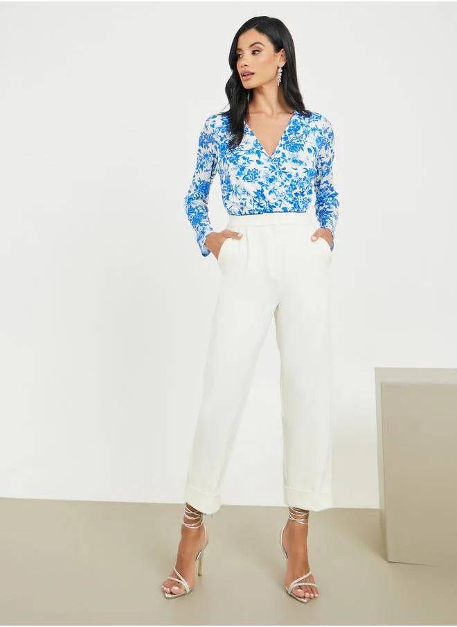 Styli Floral Print V Neck Wrap Style Bodysuit