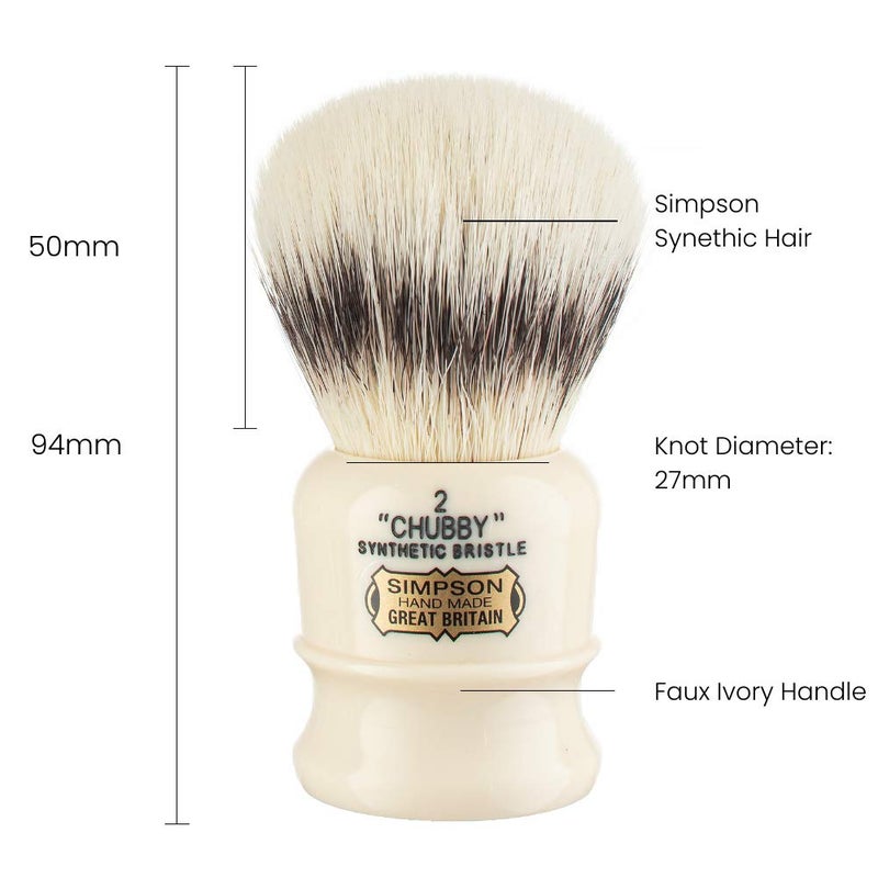 Simpson Shaving Brushes فرشاة حلاقة سيمبسون تشابي 2 - CH2 مصنوعة من ألياف البلاتين الاصطناعية عالية الكثافة مع مقبض عاجي - فرش حلاقة سيمبسون - حلاقة رطبة فاخرة مع رغوة كثيفة وفاخرة ومقبض كثيف وشعيرات ناعمة جداً. - Image 2