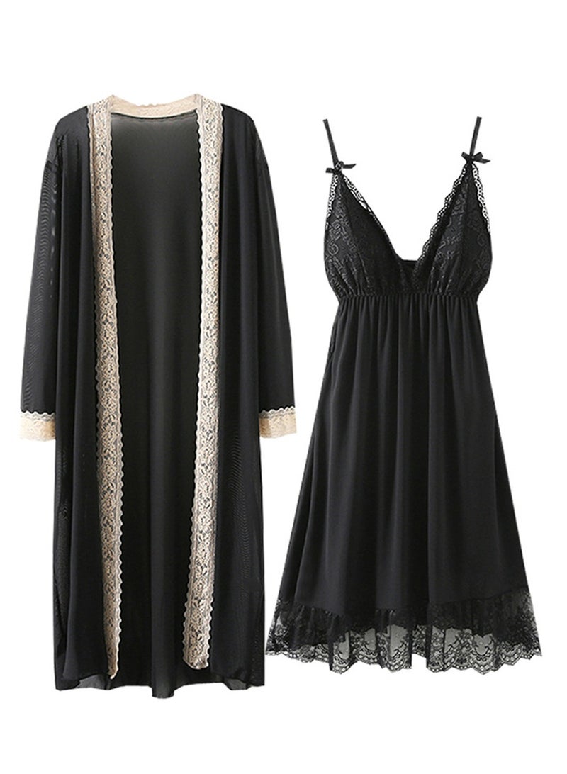 2pcs lace V-neck suspender straps and padded ice silk pajamas - Image 1