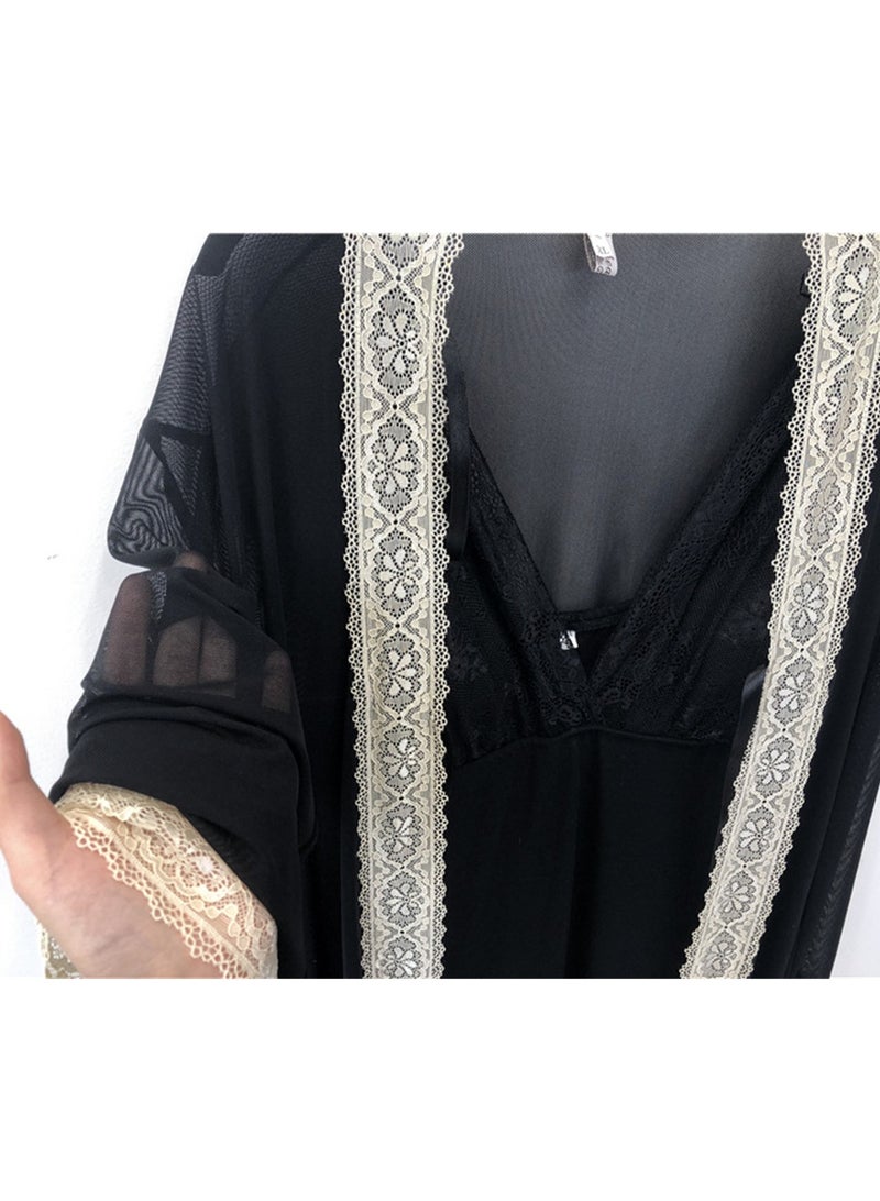 2pcs lace V-neck suspender straps and padded ice silk pajamas - Image 3