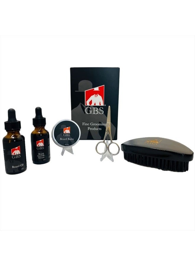 GBS Military Style Beard Care Set - Conditioning Oil with Jojoba, Growth Serum with Biotin and Castor Seed, Styling Balm, Trimming Scissors - Image 1