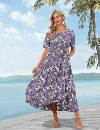 YESNO Women Casual Loose Bohemian Floral Dress with Pockets Short Sleeve Long Maxi Summer Beach Swing Dress XL EJF CR08 Purple - Image 2