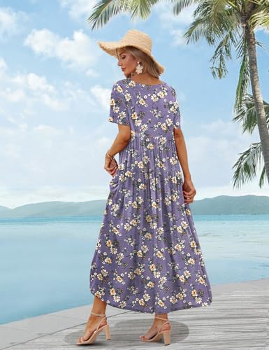 YESNO Women Casual Loose Bohemian Floral Dress with Pockets Short Sleeve Long Maxi Summer Beach Swing Dress XL EJF CR08 Purple - Image 4