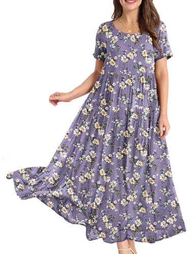 YESNO Women Casual Loose Bohemian Floral Dress with Pockets Short Sleeve Long Maxi Summer Beach Swing Dress XL EJF CR08 Purple - Image 5