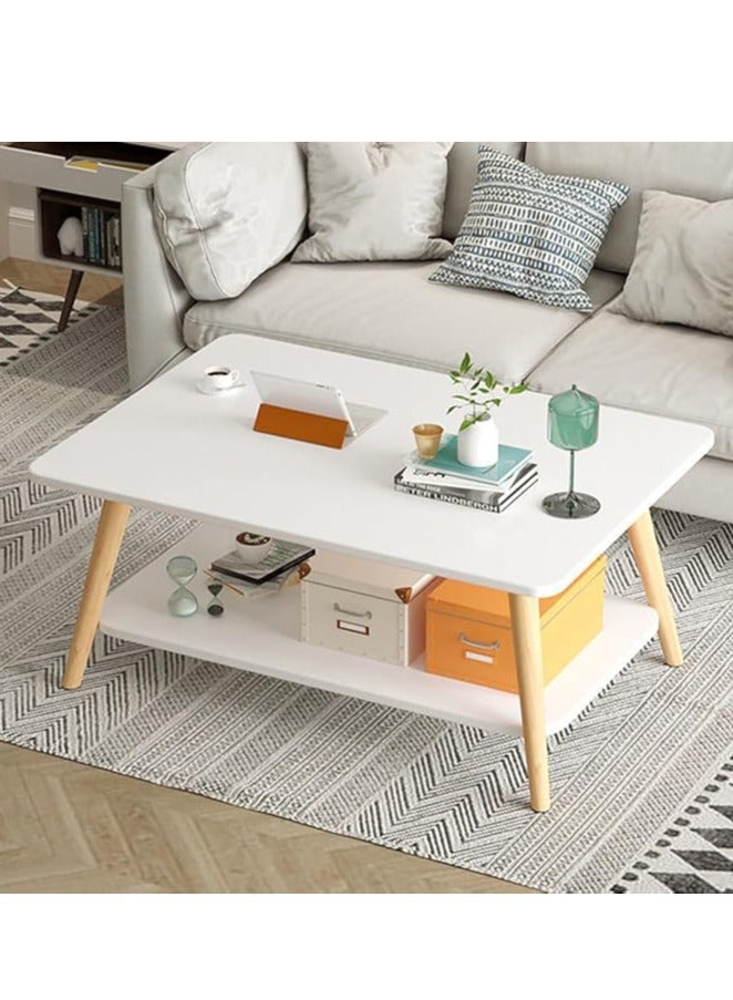 Generic Coffee Table, 2-Tier White Sofa Table with Open Storage Shelf Wood Legs, Modern Furniture Tea Table Side Table Accent End Desk for Home Living Room Bedroom Balcony (Rectangle White 120*60*42 CM)  - Image 1