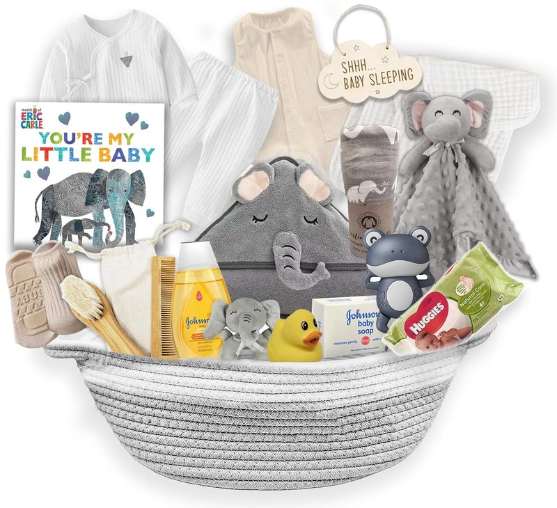 Beyond The Box New Baby BoyGirl Gift Basket 20 Items for a New mom Elephant Baby Gift Set Welcome Baby Care Package All wNewborn Essentials Bundle for Expecting Moms Baby Shower After Labor Unisex - Image 1