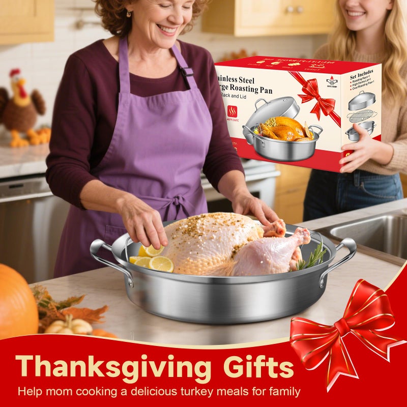 GRILL BUMP Roasting Pan, 21x13x11 Inch, Silver, Rectangular, Stainless Steel, 25LB Capacity, Turkey & Chicken Roaster with Rack and Lid - Image 4