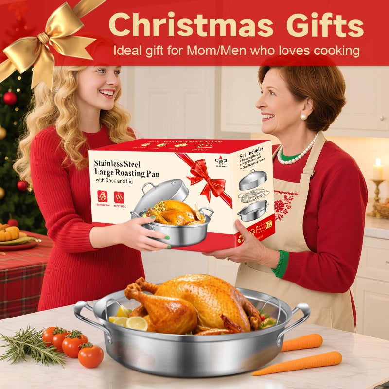 GRILL BUMP Roasting Pan, 21x13x11 Inch, Silver, Rectangular, Stainless Steel, 25LB Capacity, Turkey & Chicken Roaster with Rack and Lid - Image 5