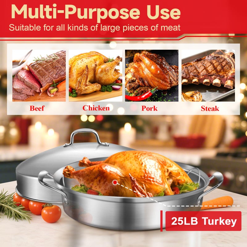 GRILL BUMP Roasting Pan, 21x13x11 Inch, Silver, Rectangular, Stainless Steel, 25LB Capacity, Turkey & Chicken Roaster with Rack and Lid - Image 3