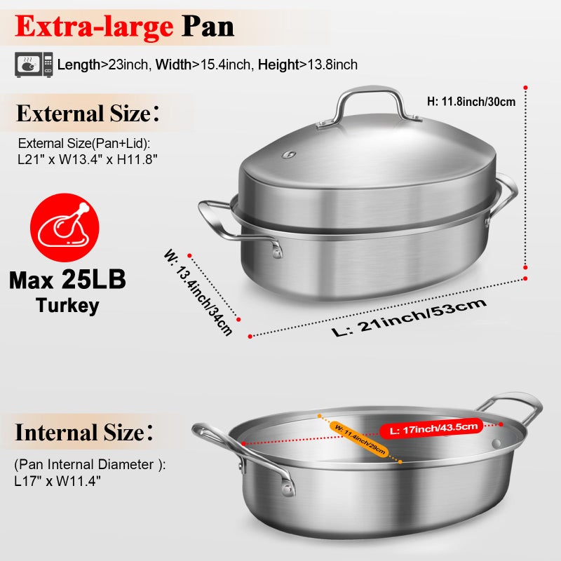 GRILL BUMP Roasting Pan, 21x13x11 Inch, Silver, Rectangular, Stainless Steel, 25LB Capacity, Turkey & Chicken Roaster with Rack and Lid - Image 2