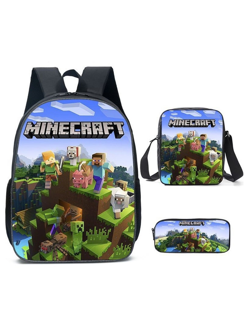 MINECRAFT Digital Printing Large Capacity Backpack Three piece Set Lunch Bag Pen Bag Polyester Comfortable Load Reducing Backpack for Students and Children Unisex - Image 1