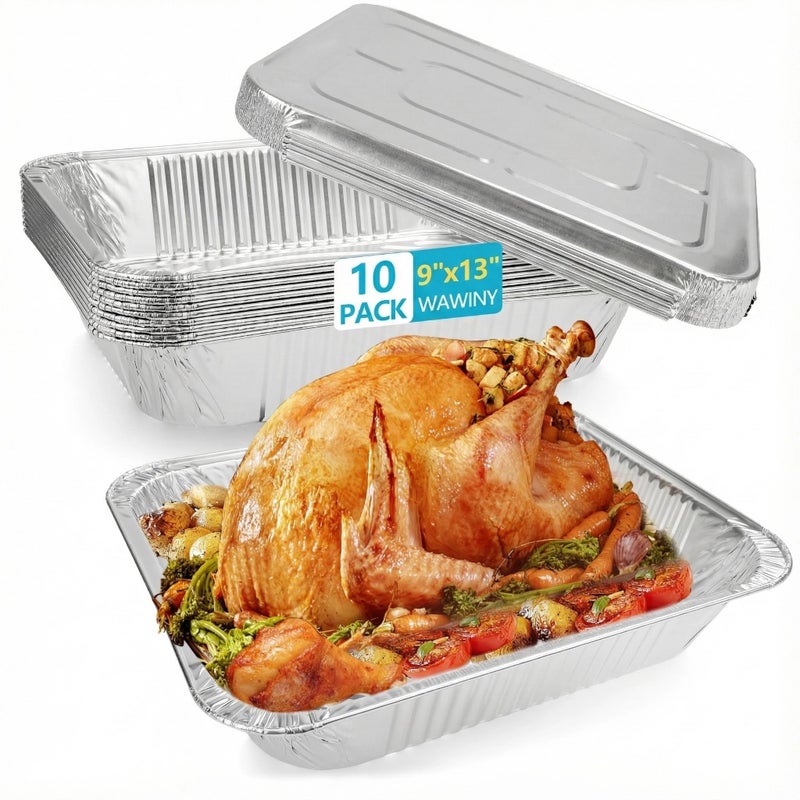 WAWINY 9x13 Thickened Aluminum Foil Pans, 10Pack Extra Deep Disposable Aluminum Pans with Lids for Roasting, Baking, Cooking, Food Prep, Chafing, Steam Table, Oven, Cake, and Party Catering. - Image 1