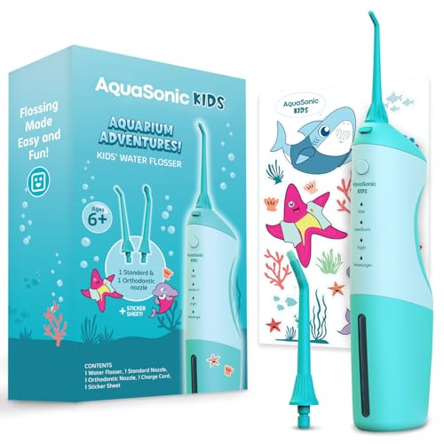AquaSonic Kids Water Flosser for Ages 6 Standard Nozzle Orthodontic Nozzle Waterproof Stickers 4 Flossing Modes Aquarium Adventures Theme Blue