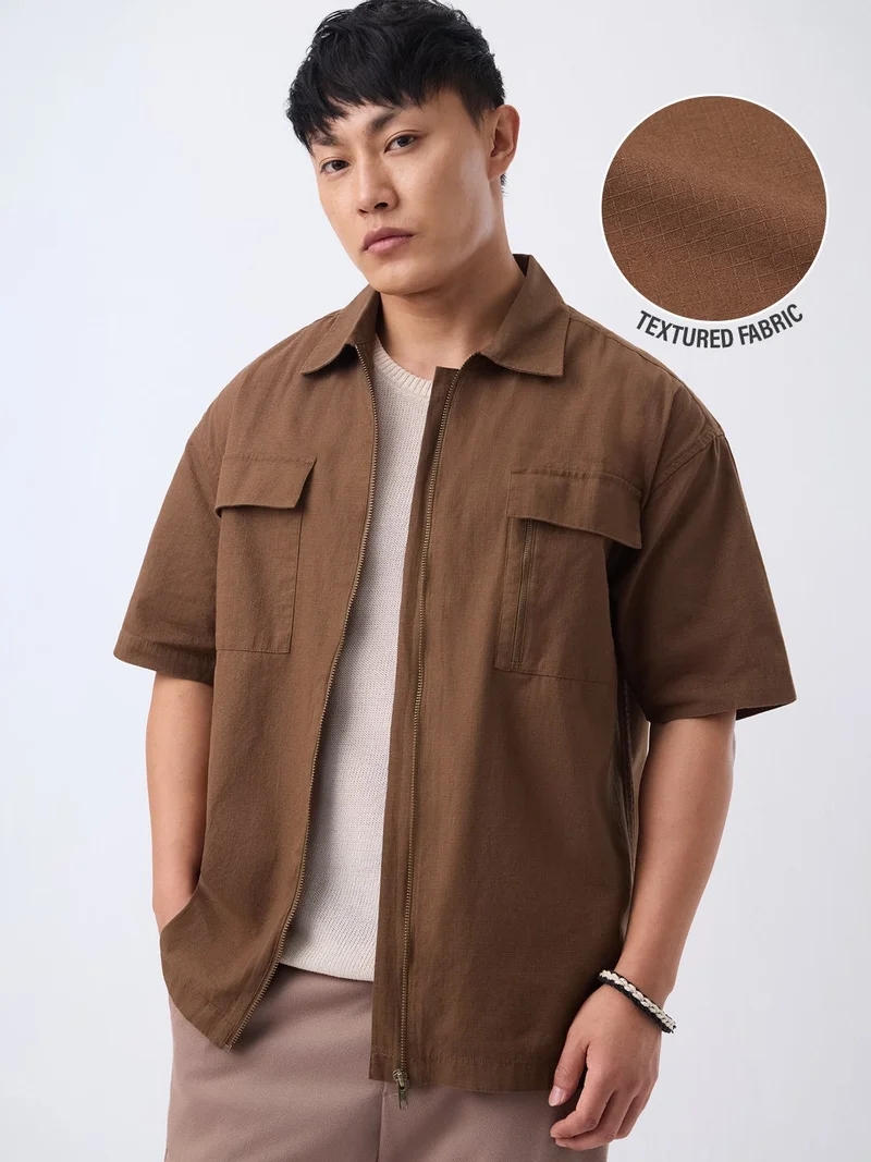 The Souled Store: Fawn Men and Boys Short Sleeve Spread Collar Brown Solid Cotton Oversized Shirt