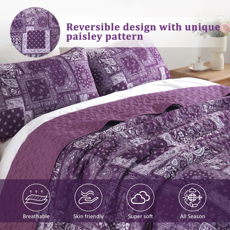 Cottolester Purple Quilt Set Queen Size,3 Pieces Boho Patchwork Paisley Quilt Set,Soft Microfiber Farmhouse Bedspread Bedding Set for All Season 96"x90" - Image 3