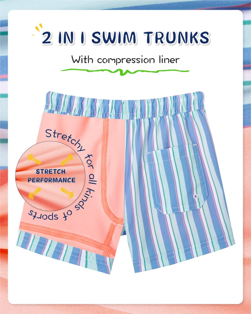 SURF CUZ Boys Swim Trunks with Boxer Brief Liner 2 in 1 Toddler Stretch Swimsuit Shorts Quick Dry Swimming Bathing Suit Blue Orange Stripes 14/16 - Image 3