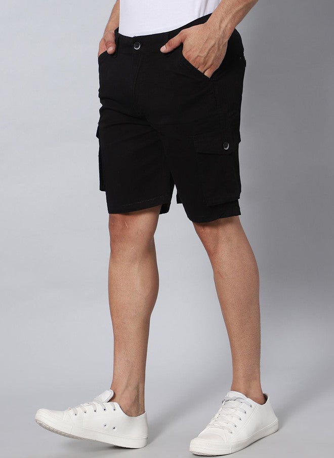 Hence Men Slim Fit Low-Rise Black Cargo Shorts with 6 Pockets - Image 2