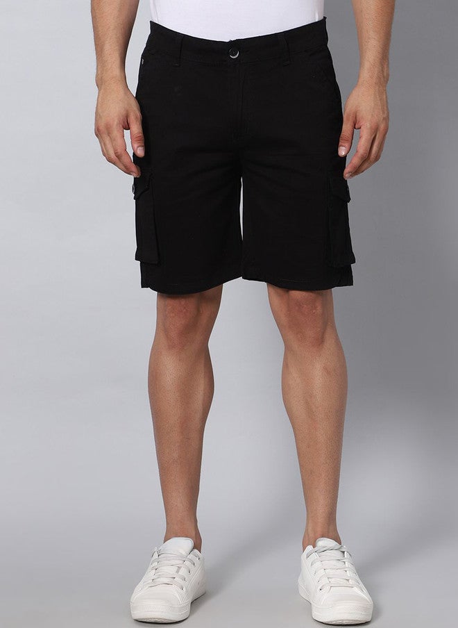 Hence Men Slim Fit Low-Rise Black Cargo Shorts with 6 Pockets - Image 1