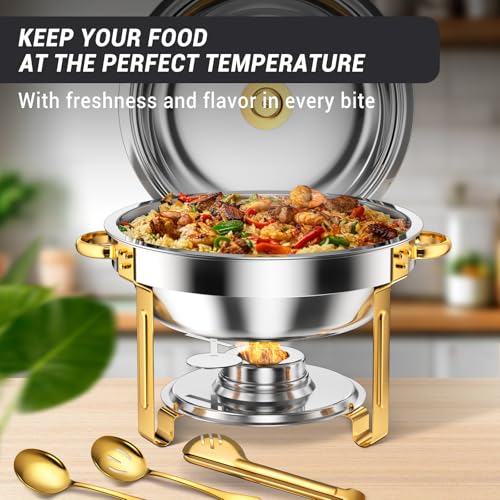 Keyoxy Round Chafing Dishes for Buffet 5 Qt,High Grade Chafing Dish Buffet Set, Full Size Pan,Rolled-Edge Design Food Warmers for Parties,Buffet,Wedding,Birthday,Camping 4 PACK (Half Gold) - Image 4