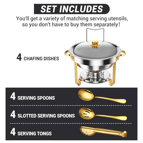 Keyoxy Round Chafing Dishes for Buffet 5 Qt,High Grade Chafing Dish Buffet Set, Full Size Pan,Rolled-Edge Design Food Warmers for Parties,Buffet,Wedding,Birthday,Camping 4 PACK (Half Gold) - Image 2