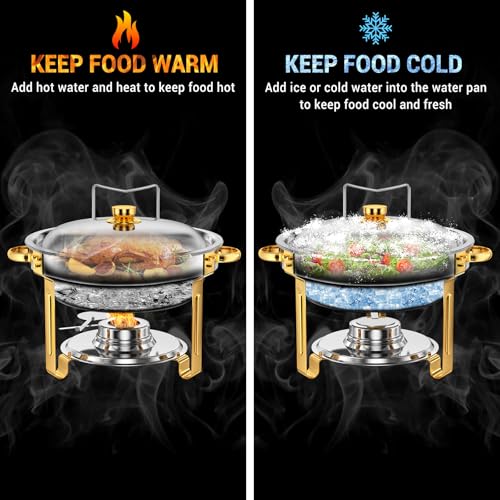 Keyoxy Round Chafing Dishes for Buffet 5 Qt,High Grade Chafing Dish Buffet Set, Full Size Pan,Rolled-Edge Design Food Warmers for Parties,Buffet,Wedding,Birthday,Camping 4 PACK (Half Gold) - Image 3
