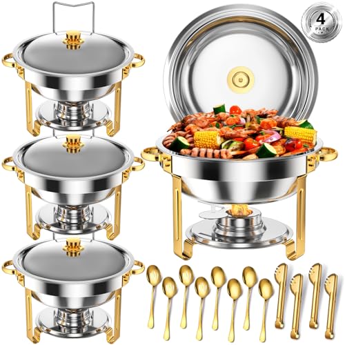 Keyoxy Round Chafing Dishes for Buffet 5 Qt,High Grade Chafing Dish Buffet Set, Full Size Pan,Rolled-Edge Design Food Warmers for Parties,Buffet,Wedding,Birthday,Camping 4 PACK (Half Gold) - Image 1