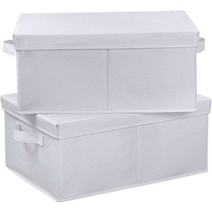 STORAGE BINS WITH LIDS FOR ORGANIZING PACK OF 2 STORAGE BOXES WITH 2 CARRYING HANDLES AND STURDY HEAVY CARDBOARD 165 L X 118 W X 75 H FOR SHOES BOOKS CLOTHES NURSERY WHITE