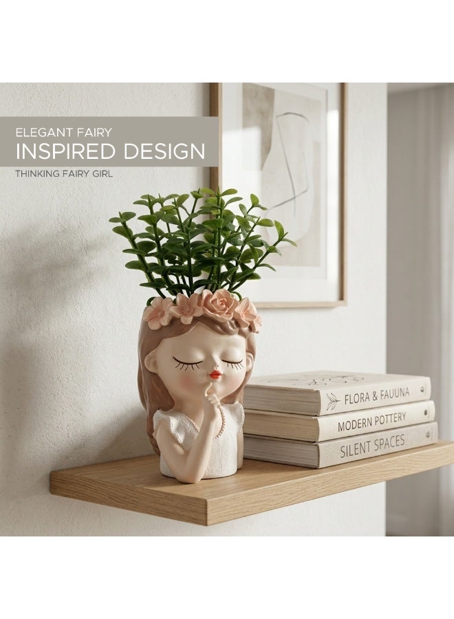Beram Little Fairy Girl Flower Pot Think White Polyresin Decorative Succulent Planter Cute Fairy Statue Vase Tabletop Flower Pot Pen Pencil Holder Propagator Kit Indoor Outdoor Home Office Decor - Image 2