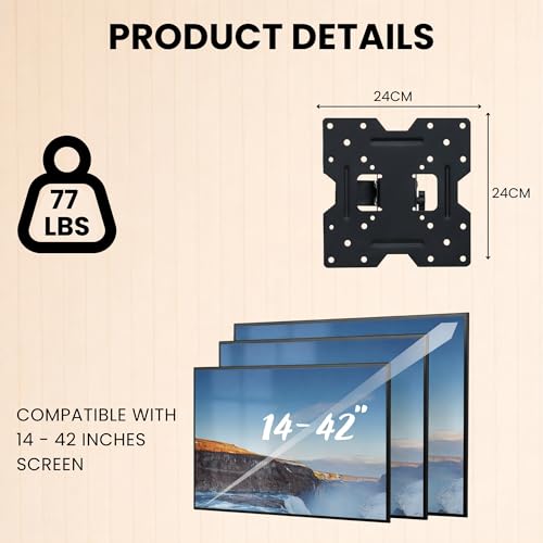 RISSACHI® Wall Mount Stand for 14–42 Inch LED TV, LCD, Monitor | Universal Adjustable Movable Rotatable Swivel TV Wall Bracket | Heavy Duty Space-Saving Stand - Image 2