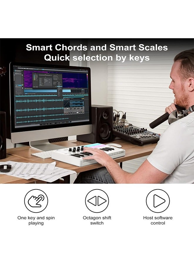 ام- فيفي M-WAVE لوحة مفاتيح MIDI تحكم USB بـ 25 مفتاح مع 8 وسادات طبول مضاءة، بلوتوث، لوحة مفاتيح ديناميكية شبه الوزن الاحترافي، 8 مقبضات، وتضمين برمجيات إنتاج الموسيقى (أبيض) - Image 4